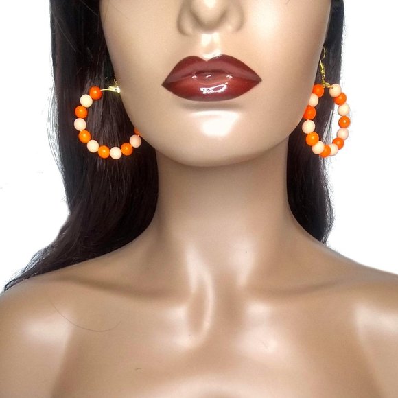 Medium Size Peach And Orange Hoop Earrings, Beaded Hoop Earrings, Colorful Hoops - Picture 1 of 7